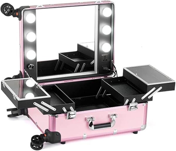 Trolley Make UP Box With LED Light-Pink - Image 2